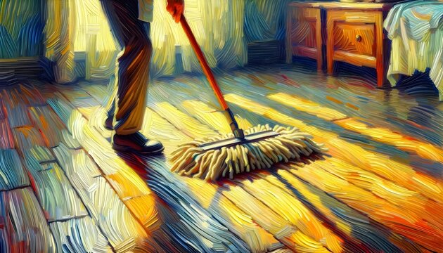An impressionistic painting showcases a person mopping a herringbone floor, where the dynamic brushstrokes capture the movement and warmth of the scene.

