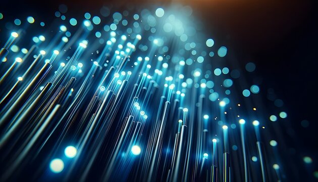 An abstract close-up of glowing fiber optic strands with blue light points against a dark background, symbolizing high-speed data transmission.

