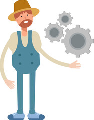 Farmer Character Holding Gears
