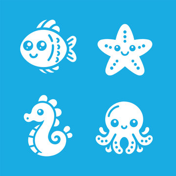 sea ​​inhabitants. Cute cartoon icon set. Starfish, fish, octopus, seahorse