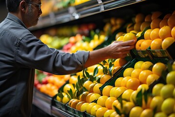 A man chooses fresh fruit in a supermarket close up.