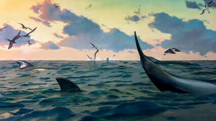 Diorama of dolphins and other aquatic animals with seagulls that inhabit all temperate and warm...