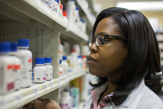 Dispensing Expertise, Female Pharmacist Engaged with Shelf Inventory
