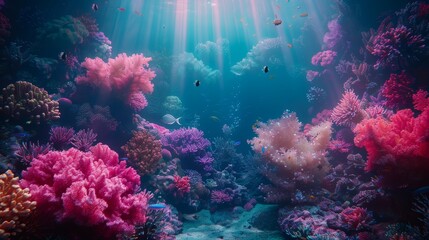 Naklejka premium A bustling coral reef, home to an array of colorful fish, unfolds as an underwater paradise with radiant coral formations under beams of sunlight.