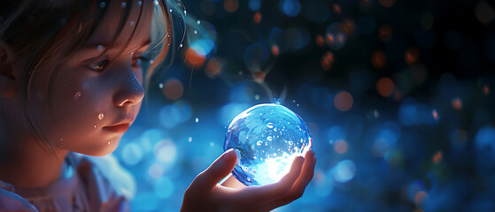 Naklejka premium Magic in Small Hands: Little Girl Mesmerized by a Blue Illumination