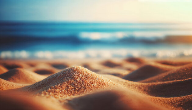 Shot of beach sand  with sea as background. Generative AI.