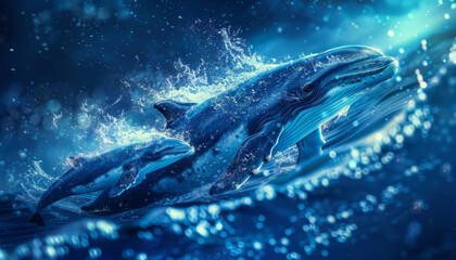 Blue whales swim in the depths of the night ocean.