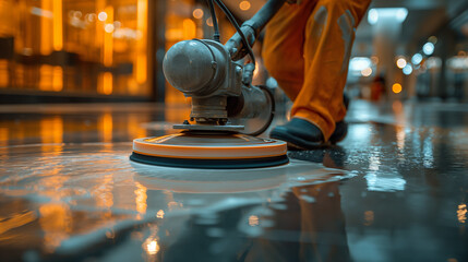 Worker polishing hard floor with high speed polishing machine - obrazy, fototapety, plakaty