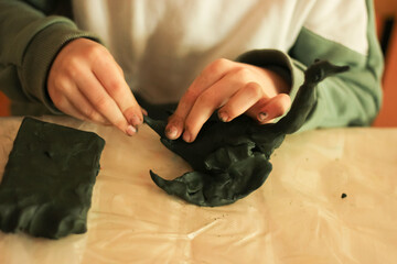 A child makes a figurine of a bird from plasticine 