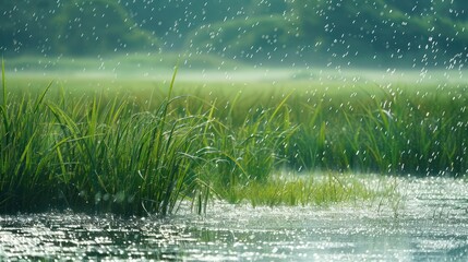 A calming view of green meadows after rain, with thick grass and tranquil puddles of water - obrazy, fototapety, plakaty