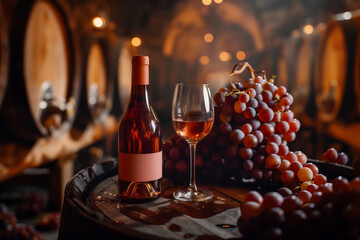 Fototapeta premium a wine bottle and a glass, surrounded by grapes on a barrel, within an upscale winery environment.