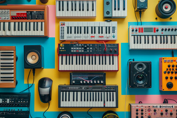 an array of 10 music equipments, each surrounded by digital wave sounds, showcasing the harmony between technology and melody in a colorful display. - obrazy, fototapety, plakaty