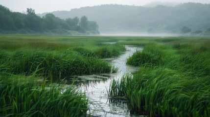 Fototapeta na wymiar Wet meadow after rain, tranquil
