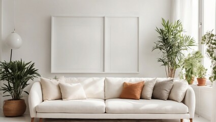 Empty white Mockup poster frame close up in cozy white interior background with sofa, table and small plant pots