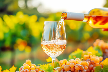 White wine lying  in glass is elegantly juxtaposed with ripe vineyard grapes basking in the golden...