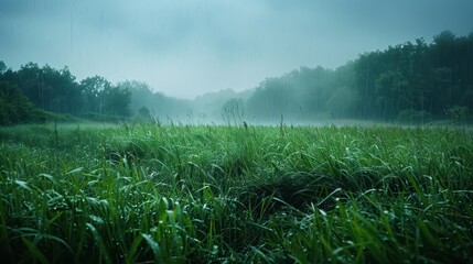 A calming view of green meadows after rain, with thick grass and tranquil puddles of water - obrazy, fototapety, plakaty