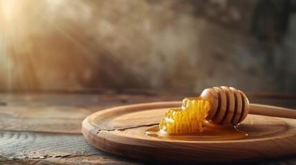 Close up of melted honey with wooden honey scoop on wooden table. copy space. generative AI image - obrazy, fototapety, plakaty