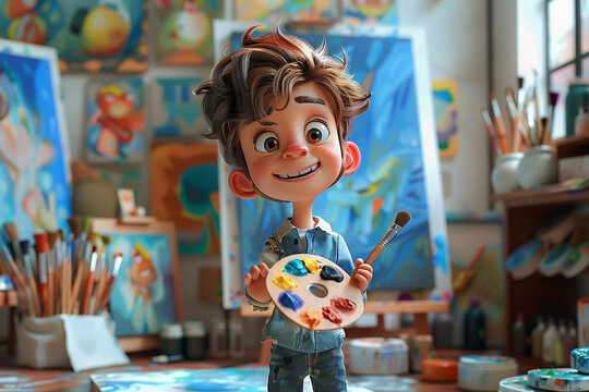 Whimsical 3D caricature of a happy boy with a painter's palette, in a studio filled with colorful canvases.