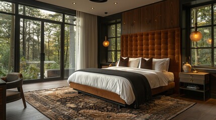 editorial photograph of a modern hotel guestroom interior, king bed with velvet upholstered headboard, 