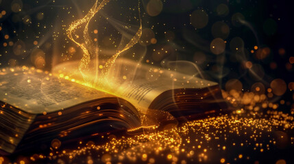 Obraz premium Large dark open book on black background. Golden rays and sparks around the book, a bright glow. The magic of reading. Close-up.