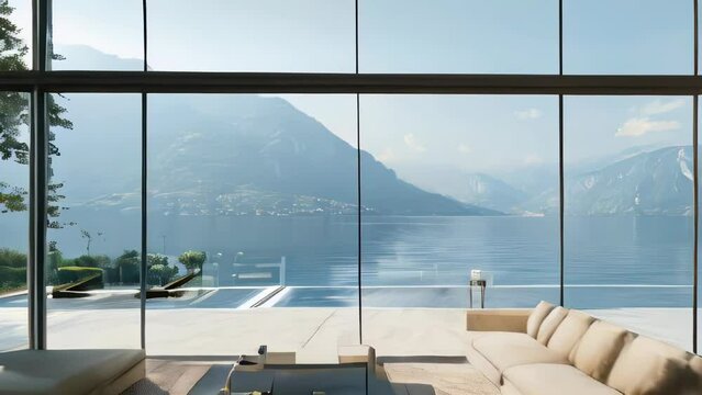 Contemporary living room with panoramic view on lake and mountains.