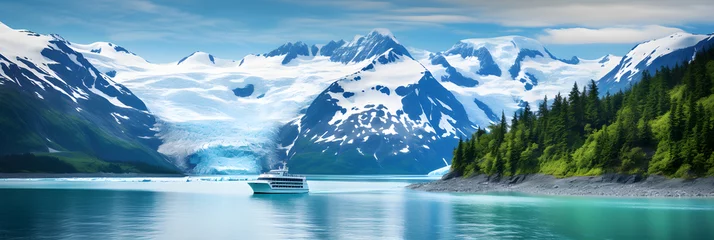 Türaufkleber Breathtaking Alaskan Landscape: Glacial Waterscape with Cruising Boat © Adele