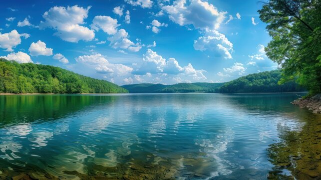 The serene panoramic view of the calm lake beneath the blue summer sky evokes a tranquil atmosphere. The photo is taken from the rocky shore of the lake