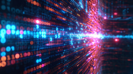 Obraz premium A conceptual image showcasing a digital fortress or wall constructed from binary code safeguarding a core filled with glowing data streams or essential digital information