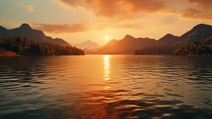 Beautiful sunset landscape of a mountain lake