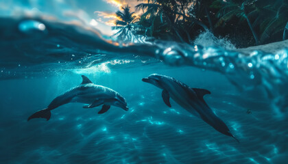 Dolphins swim on the sea waves.