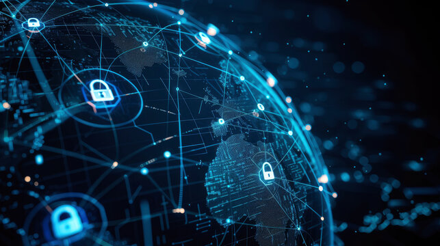 A globe adorned with digital connections such as luminous lines or dots and a padlock emblem illustrating the concept of global data security and the expansive reach of cybersecurity