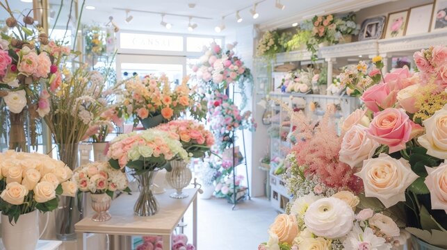 A charming flower shop filled with bright light showcases elegant bouquets of roses and mixed blooms in soft pastel colors