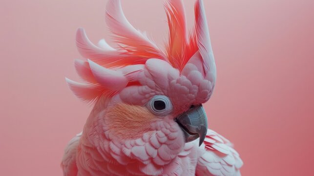 A close-up of a stunning pink cockatoo with its crest raised, posing against a soft pastel pink background