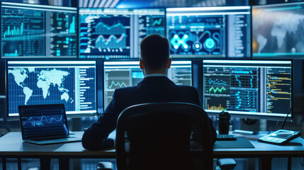 A person in a professional environment surrounded by multiple screens showcasing cybersecurity software possibly engaged in data analysis or monitoring for threats