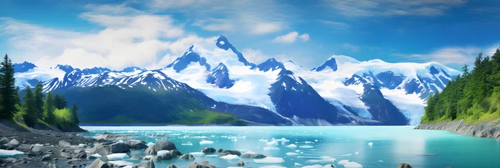 Fototapete Rund Breathtaking Alaskan Landscape: Glacial Waterscape with Cruising Boat © Adele