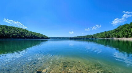 Panoramic landscape photo for a website featuring a clear blue sky over a serene lake on a beautiful summer day.