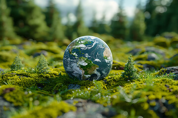 Obraz na płótnie Canvas a white earth globe on a moss covered grass with trees and a blue sky