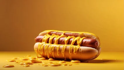 Foto op Canvas Hotdog mit gelber Currysauce vor gelbem Hintergrund © pit24