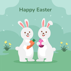 Obraz na płótnie Canvas Cute Easter bunnies celebrating on Eater day, cartoon character vector illustration