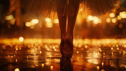 Elegant ballet dancer's feet on pointe shoes, sparkling on a stage bathed in warm golden light.