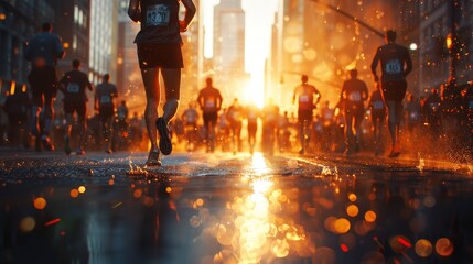 Dynamic view of marathon runners' legs in action on wet city streets, shining with the early morning sun.
