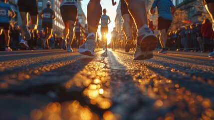 Low angle shot of marathon runners feet on a city street bathed in the golden light of an early sunrise. - obrazy, fototapety, plakaty