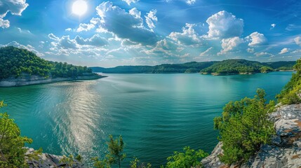 Panoramic landscape photo for a website featuring a clear blue sky over a serene lake on a beautiful summer day.