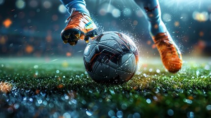 Close-up of a soccer player's cleated boots skillfully controlling a football on a dewy, brightly lit pitch. - obrazy, fototapety, plakaty