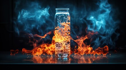 Bottle of water with fire on dark background. Closeup