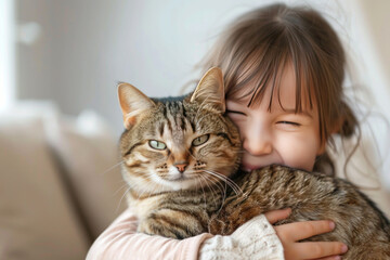 A young girl joyfully embraces her tabby cat