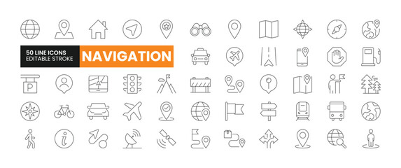 Set of 50 Navigation line icons set. Navigation outline icons with editable stroke collection. Includes Location, Route, Satellite, Parking, Compass, and More.