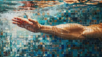 An athlete's arm slices the water in a dynamic swimming action, displaying strength and motion against a tiled pool background.