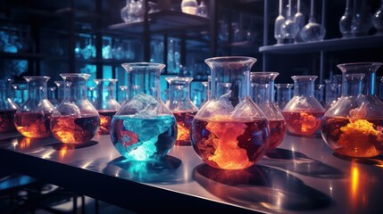 Colorful chemical laboratory glass. Technology science research concept