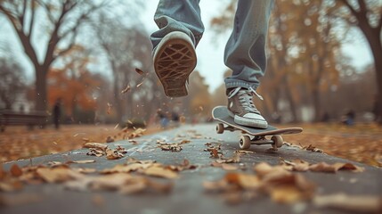 Dynamic close-up of a skateboarder's feet executing a trick, with autumn leaves scattering on a park pathway. - obrazy, fototapety, plakaty